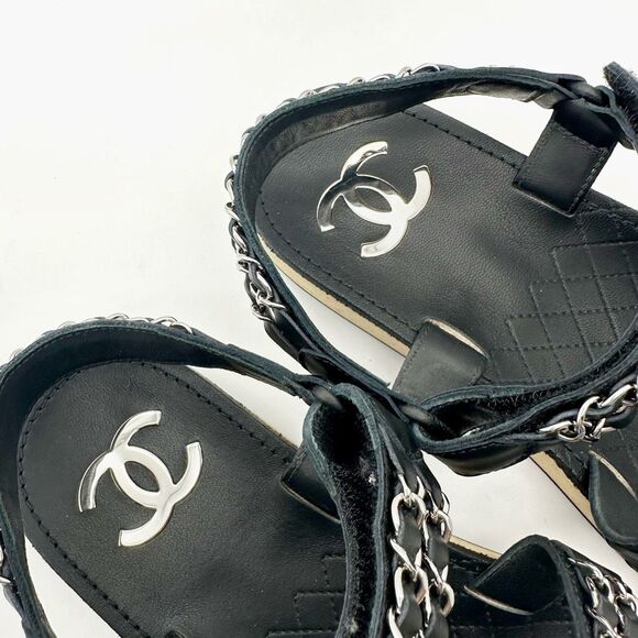 CHANEL 2022 Black Chain Interlocking CC Dad Sandals Size 40 Open Toe Slingback - Picture 10 of 15